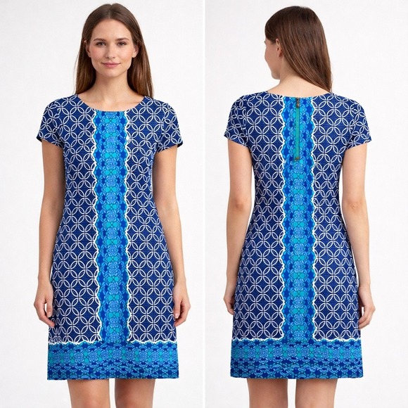 Hatley Dresses & Skirts - Hatley Women's Petite Small Knee Length Dress Blue Geometric Floral Short Sleeve
